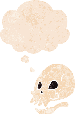 grunge 'da düşünce baloncuğu olan karikatür kafatası bir insan tarafından çizilmiş gerilimli retro doku