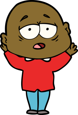 Bir insan tarafından çizilmiş yorgun, kel bir adam.