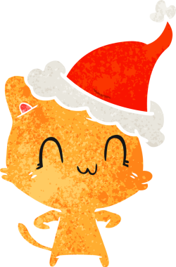 Bir insan tarafından çizilmiş Noel Baba şapkası giyen mutlu bir kedinin el çizimi karikatürü.