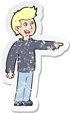 Çizgi filmin kederli retro yapıştırması Mutlu adam bir insan tarafından çizilmiş işaret ve kahkaha