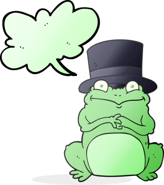 Bir insan tarafından çizilmiş silindir şapkalı konuşma balonu kurbağası çizimi.