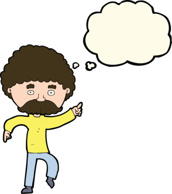 Çizgi film 70 'lerin stil diskosu bir insan tarafından çizilmiş düşünce baloncuğuyla dans ediyor.