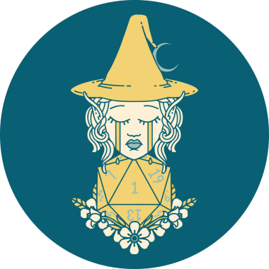 Retro Dövme Tarzı Ağlayan Elf Cadı Doğal bir D20 rulo ile Bir insan tarafından çizilmiş