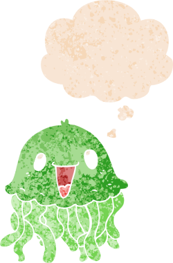 Düşünce baloncuklu çizgi film denizanası grunge sıkıntılı retro desenli bir insan tarafından çizilmiş