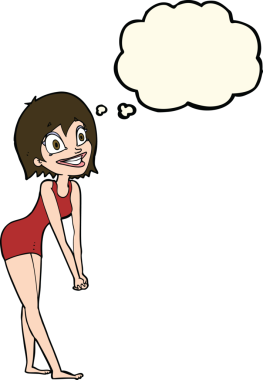 Bir insan tarafından çizilmiş düşünce baloncuğu olan heyecanlı bir kadın.