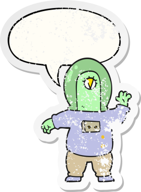 Konuşma baloncuğu olan çizgi film uzaylısı bir insan tarafından çizilmiş sıkıntılı eski bir çıkartma.