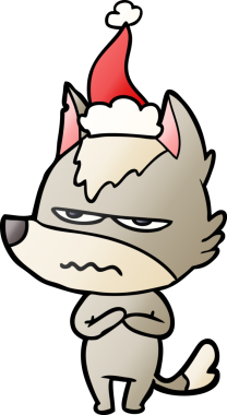 Bir insan tarafından çizilmiş Noel Baba şapkası giymiş kızgın bir kurdun el çizimi karikatürü.