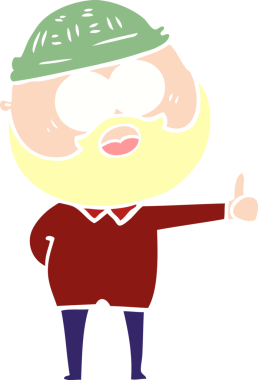 Düz renkli çizgi film sakallı adam bir insan tarafından baş parmak işareti çiziyor.