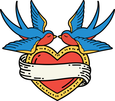 Geleneksel kırlangıç tarzında dövme ve bir insan tarafından çizilmiş sancaklı bir kalp.