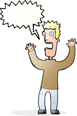 Bir insan tarafından çizilmiş, konuşma balonuyla dehşete düşmüş bir adam.