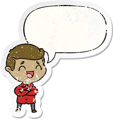 Çizgi filmdeki gülen adam, bir insan tarafından çizilmiş üzgün, yaşlı bir çıkartma.