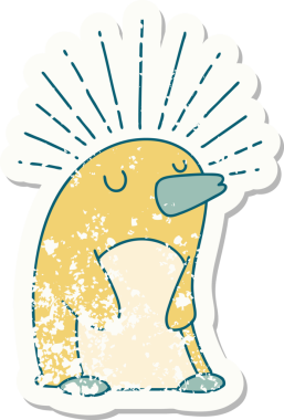 Dövme stili eski bir çıkartma. Bir insan tarafından çizilmiş mutlu penguen.