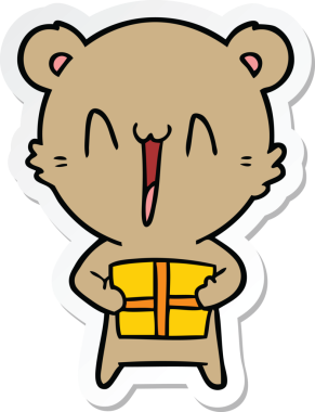 Bir insan tarafından çizilmiş hediye karikatürlü mutlu bir ayı çıkartması.