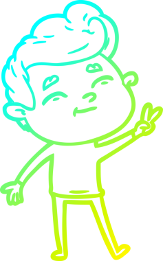 Bir insan tarafından çizilmiş barış işareti veren mutlu bir çizgi film karakterinin soğuk gradyan çizimi.