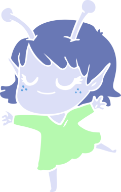 Gülümseyen uzaylı kız düz renkli çizgi film dansı bir insan tarafından çizildi.