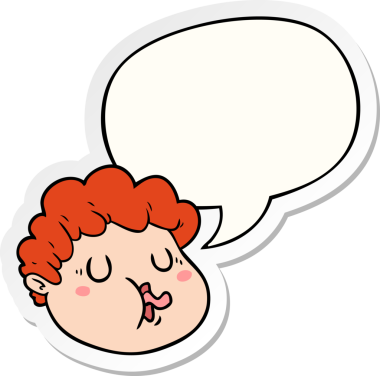 Bir insan tarafından çizilmiş konuşma kabarcığı çıkartmalı erkek yüzü.