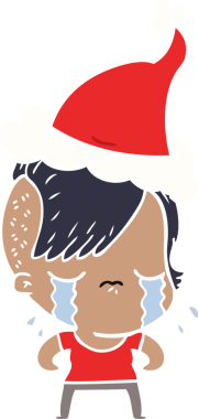 Bir insan tarafından çizilmiş Noel Baba şapkası takan ağlayan bir kızın düz renkli çizimi.