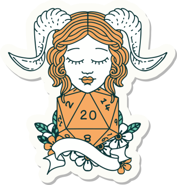 Bir insan tarafından çizilmiş doğal yirmi zarla yapıştırılmış bir etiket.