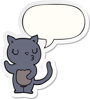 Bir insan tarafından çizilmiş baloncuk çıkartmalı şirin çizgi film kedisi.