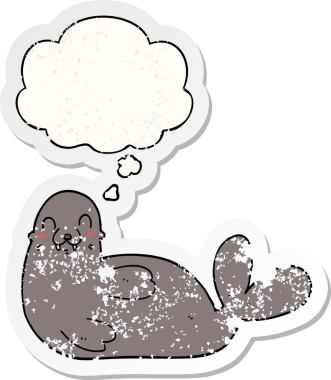 Düşünce baloncuklu karikatür mührü bir insan tarafından çizilmiş yıpranmış bir çıkartma gibi.