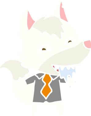 Düz renkli çizgi film. Bir insan tarafından çizilmiş ofis kıyafetleri içinde aç kurt.