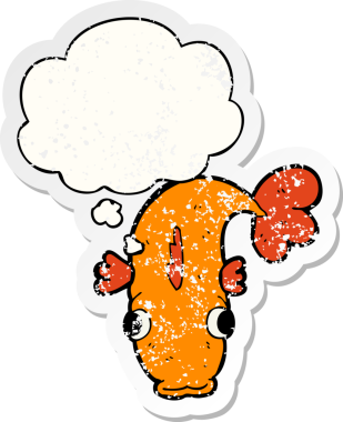 Düşünce baloncuklu karikatür balığı insan tarafından çizilmiş yıpranmış bir çıkartma gibi.