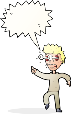 Bir insan tarafından çizilmiş konuşma baloncuğuyla gözleri fırlayan çizgi film adamı.