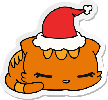 Bir insan tarafından çizilmiş kawaii kedisinin el çizimi Noel çıkartması.