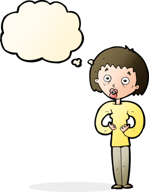 Bir insan tarafından çizilmiş düşünce baloncuğuyla kendine el kol hareketi yapan karikatür kadını.