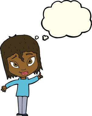 Bir insan tarafından çizilmiş düşünce baloncuğu fikri olan karikatür kadın.