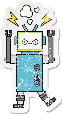 Bir insan tarafından çizilmiş sevimli bir robot çizgi film çıkartması.
