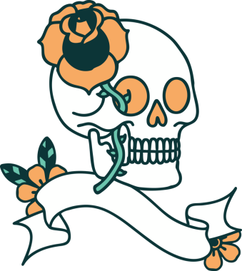 Geleneksel dövmeli kafatası ve bir insan tarafından çizilmiş gül.