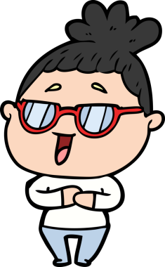 Bir insan tarafından çizilmiş gözlüklü mutlu kadın çizgi filmi.