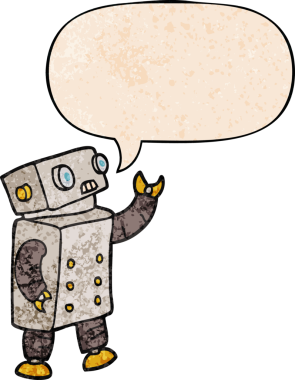 bir insan tarafından çizilmiş eski moda konuşma baloncuklu çizgi film robotu.