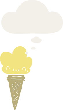 Yüzünde düşünce kabarcığı olan bir insan tarafından çizilmiş çizgi film dondurması.