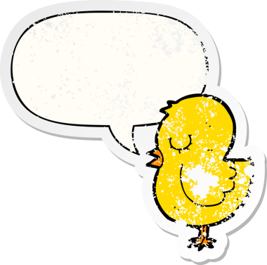 Konuşma baloncuğu olan çizgi film kuşu, bir insan tarafından çizilmiş sıkıntılı eski bir çıkartma.