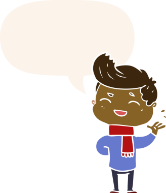 Bir insan tarafından çizilmiş eski tarz bir konuşma balonuyla gülen çizgi film adamı.