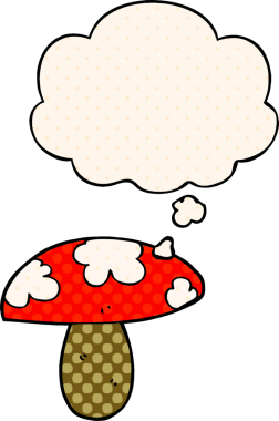 Çizgi roman tarzında bir insan tarafından çizilmiş düşünce baloncuklu mantar.