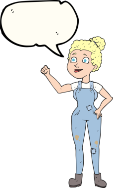 Bir insan tarafından çizilmiş tulumlu serbest konuşma balonu karikatürü kadın.