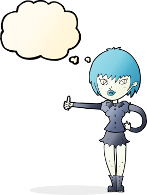 Bir insan tarafından çizilmiş düşünce baloncuğuyla işaret veren vampir kız.