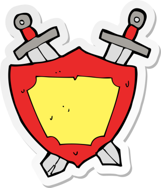 Çizgi film kalkanı çıkartması ve bir insan tarafından çizilmiş kılıçlar.