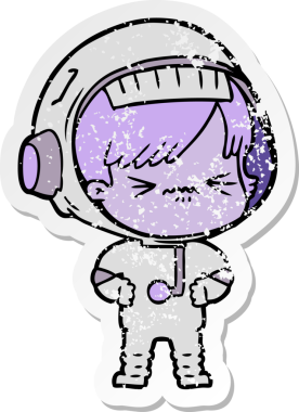 Bir insan tarafından çizilmiş karikatür astronot kadının sıkıntılı çıkartması.