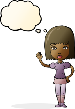 Bir insan tarafından çizilmiş düşünce baloncuğuyla el sallayan çizgi film kadını.