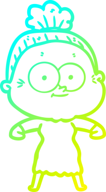 Bir insan tarafından çizilmiş, mutlu, yaşlı bir kadının çizimi.