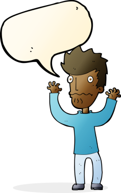 Bir insan tarafından çizilmiş konuşma baloncuğu olan korkmuş bir adam.