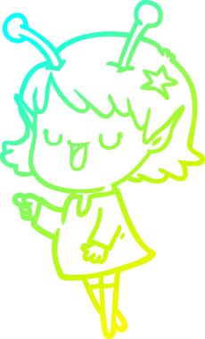 Bir insan tarafından çizilmiş mutlu bir uzaylı kız çizgi filmi.