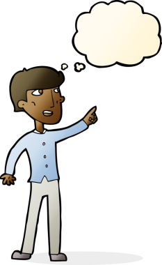 Bir insan tarafından çizilen düşünce baloncuğuyla işaret eden çizgi film adamı.