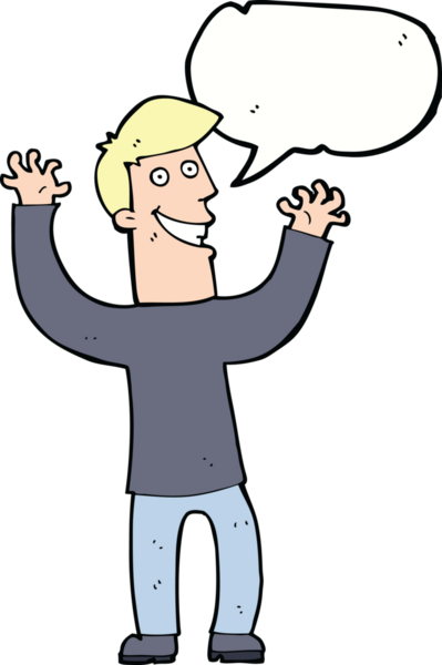 Bir insan tarafından çizilmiş konuşma balonuyla heyecanlı bir adam.