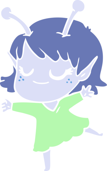 Gülümseyen uzaylı kız düz renkli çizgi film dansı bir insan tarafından çizildi.