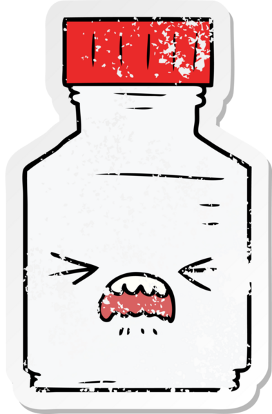 Bir insan tarafından çizilmiş karikatür hap kavanozunun sıkıntılı çıkartması.